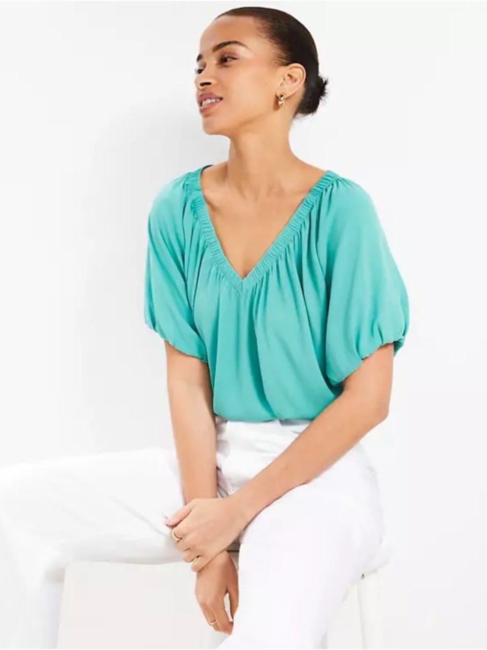 LOFT Teal Gathered V-Neck Puff Sleeve Top